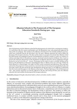 Albanian Schools in the Framework of the European Education Standards During 1920 - 1939