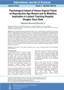 Psychological Impact of Vesico-Vaginal Fistula On