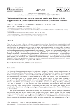 Testing the Validity of Two Putative Sympatric Species from Sinocyclocheilus (Cypriniformes: Cyprinidae) Based on Mitochondrial Cytochrome B Sequences