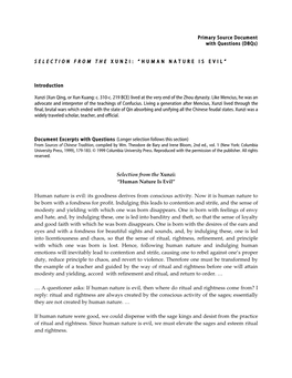 Primary Source Document with Questions (Dbqs) SELECTION from the XUNZI: “HUMAN NATURE IS EVIL” Introduction Xunzi (Xun Qing