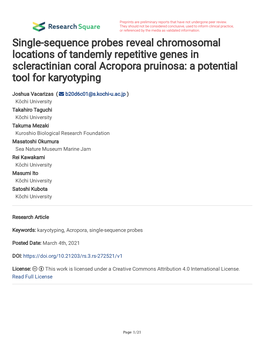Single-Sequence Probes Reveal Chromosomal Locations of Tandemly Repetitive Genes in Scleractinian Coral Acropora Pruinosa: a Potential Tool for Karyotyping
