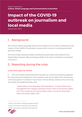 Impact of the COVID-19 Outbreak on Journalism and Local Media September 2020