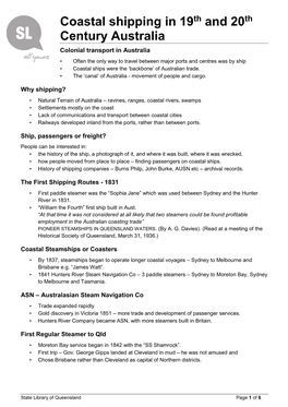 Coastal Shipping in 19Th and 20Th Century Australia