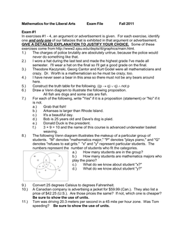 Mathematics for the Liberal Arts Exam File Fall 2011 Exam #1 in Exercises #1