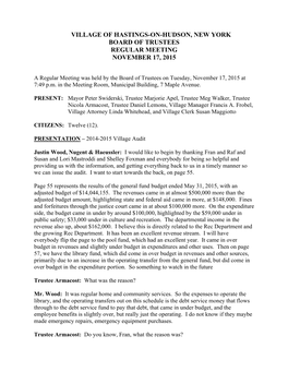 Village of Hastings-On-Hudson, New York Board of Trustees Regular Meeting November 17, 2015