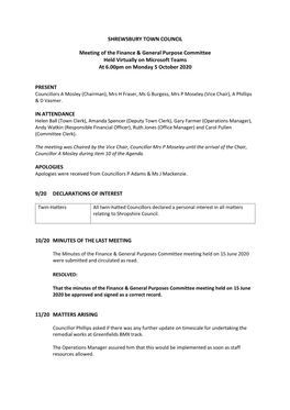 SHREWSBURY TOWN COUNCIL Meeting of the Finance & General Purpose Committee Held Virtually on Microsoft Teams at 6.00Pm on Mo