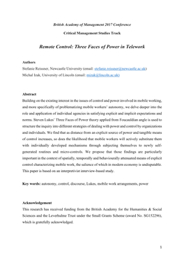 Remote Control: Three Faces of Power in Telework