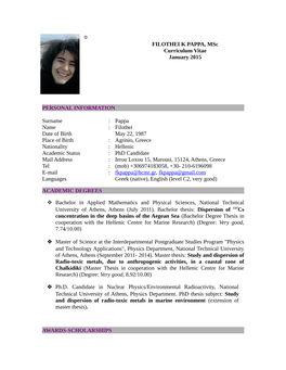 FILOTHEI K PAPPA, Msc Curriculum Vitae January 2015 PERSONAL