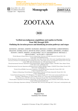 Verified Non-Indigenous Amphibians and Reptiles in Florida from 1863 Through 2010: Outlining the Invasion Process and Identifying Invasion Pathways and Stages