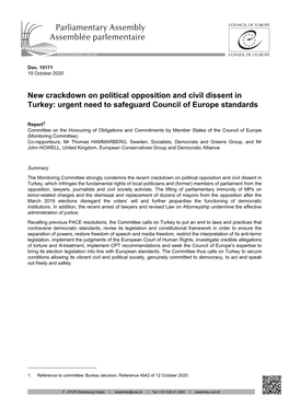 New Crackdown on Political Opposition and Civil Dissent in Turkey: Urgent Need to Safeguard Council of Europe Standards