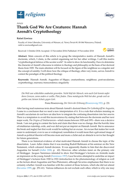 Thank God We Are Creatures: Hannah Arendt's Cryptotheology