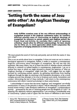 'Setting Forth the Name of Jesu Unto Other': an Anglican Theology of Evangelism?