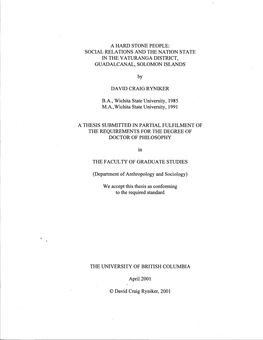 A Hard Stone People: Social Relations and the Nation State in the Vaturanga District, Guadalcanal, Solomon Islands