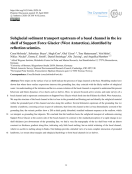 Subglacial Sediment Transport Upstream of a Basal Channel in the Ice Shelf of Support Force Glacier (West Antarctica), Identiﬁed by Reﬂection Seismics