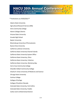 **Institutions As of 8/6/2021** Adams State University Agricultural