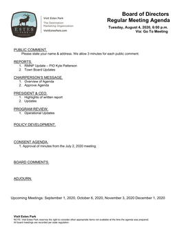 Board of Directors Regular Meeting Agenda Tuesday, August 4, 2020, 6:00 P.M