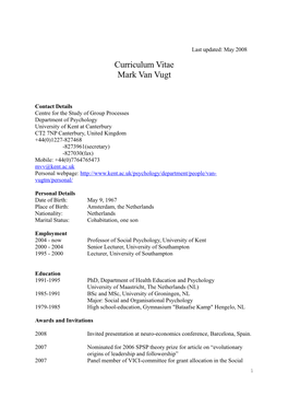 Curriculum Vitae Mark Van Vugt