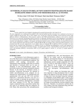 65 Synthesis, In-Silico Studies, of New Substituted Pyrazolone Based Hydrazone Derivatives and Their Biological Activities