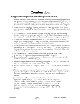 Combustion Problems.Doc Page 1 of 2 Using Combustion Analysis to Find Empirical Formulas 12) Hemlock Is a Poisonous Herb of the Carrot Family