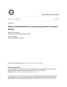 Status of Introduced Fishes in Certain Spring Systems in Southern Nevada