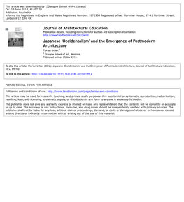 Japanese 'Occidentalism' and the Emergence of Postmodern Architecture Florian Urban a a Glasgow School of Art, Montreal Published Online: 05 Mar 2013