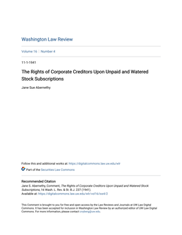 The Rights of Corporate Creditors Upon Unpaid and Watered Stock Subscriptions