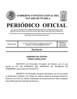 LEY DE INGRESOS DEL MUNICIPIO DE IXCAMILPA DE GUERRERO, Para El Ejercicio Fiscal 2019