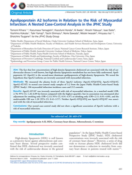 Apolipoprotein A2 Isoforms in Relation to the Risk of Myocardial Infarction: a Nested Case-Control Analysis in the JPHC Study