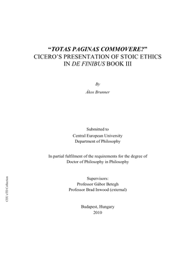 Cicero's Presentation of Stoic Ethics in De Finibus Book
