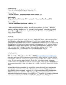 “It's Hard to See How These Would Be Harmful to Kids”: Public Library Staff Perceptions of Child Development and Drag Queen Storytimes (Paper)