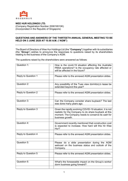 WEE HUR HOLDINGS LTD. (Company Registration Number 200619510K) (Incorporated in the Republic of Singapore)