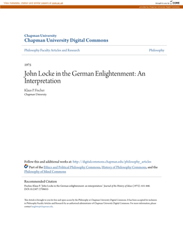 John Locke in the German Enlightenment: an Interpretation Klaus P