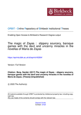 The Magic of Zayas : Slippery Sourcery, Baroque Games with the Devil and Uncanny Miracles in the Novellas of María De Zayas