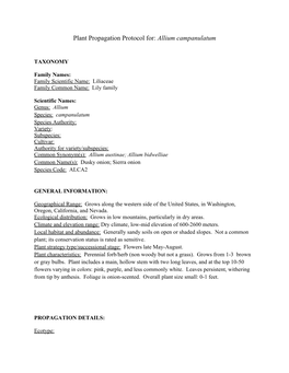 Plant Propagation Protocol For: Allium Campanulatum