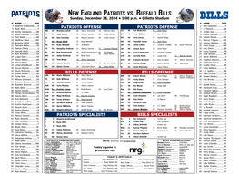 New England Patriots Vs. Buffalo Bills Sunday, December 28, 2014 • 1:00 P.M