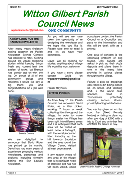 Witton Gilbert Parish Council News Wgpcnewsletter@Gmail.Com ONE COMMUNITY