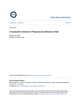 A Taxonomic Revision of Physaria (Cruciferae) in Utah