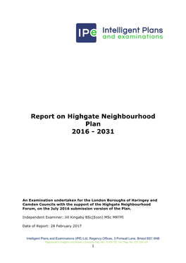 Report on Highgate Neighbourhood Plan 2016 - 2031