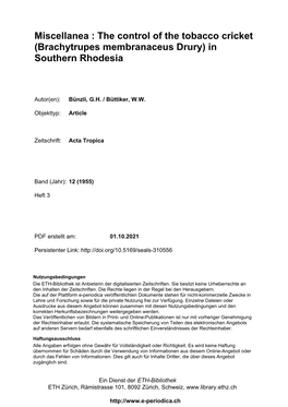 Miscellanea : the Control of the Tobacco Cricket (Brachytrupes Membranaceus Drury) in Southern Rhodesia