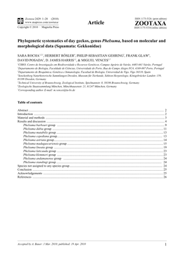 Zootaxa, Phylogenetic Systematics of Day Geckos, Genus Phelsuma, Based on Molecular