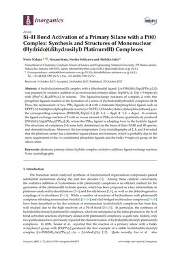 Si–H Bond Activation of a Primary Silane with a Pt(0) Complex: Synthesis and Structures of Mononuclear (Hydrido)(Dihydrosilyl) Platinum(II) Complexes