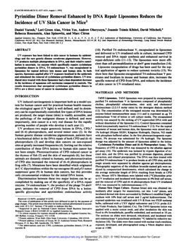 Pyrimidine Dimer Removal Enhanced by DNA Repair Liposomes Reduces the Incidence of UV Skin Cancer in Mice1