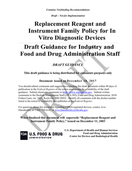 Replacement Reagent and Instrument Family Policy for in Vitro Diagnostic Devices ______Draft Guidance for Industry and Food and Drug Administration Staff