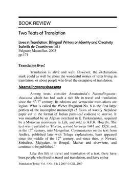 BOOK REVIEW Two Teats of Translation Two Teats of Translation