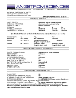 Material Safety Data Sheet Complies with 29 Cfr 1910.1200