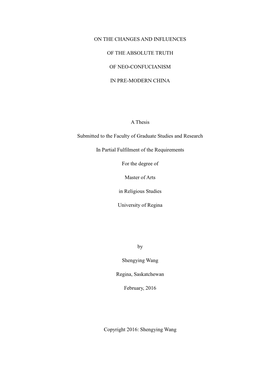 On the Changes and Influences of the Absolute Truth of Neo- Confucianism in Pre-Modern China, in an Oral Examination Held on December 9, 2015