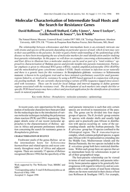 Molecular Characterisation of Intermediate Snail Hosts and the Search for Resistance Genes