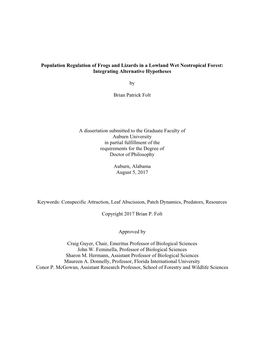 Population Regulation of Frogs and Lizards in a Lowland Wet Neotropical Forest: Integrating Alternative Hypotheses