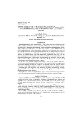 HUNTING BEHAVIOR of the ORIENTAL HORNET, Vespa Orientalis L., and DEFENSE BEHAVIOR of the HONEY BEE, Apis Mellifera L., in IRAQ