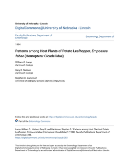 Patterns Among Host Plants of Potato Leafhopper, Empoasca Fabae (Homoptera: Cicadellidae)